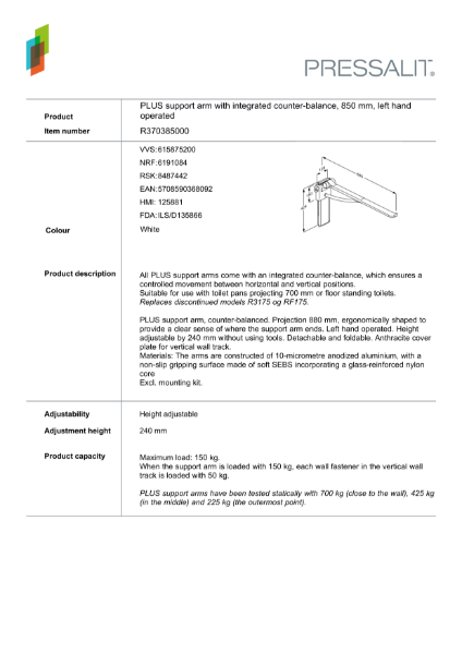 PLUS support arm with integrated counter-balance, 850 mm, left hand
operated Datasheet