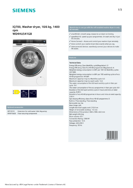 iQ700, Washer dryer, 10/6 kg, 1400 rpm WD4HU541GB