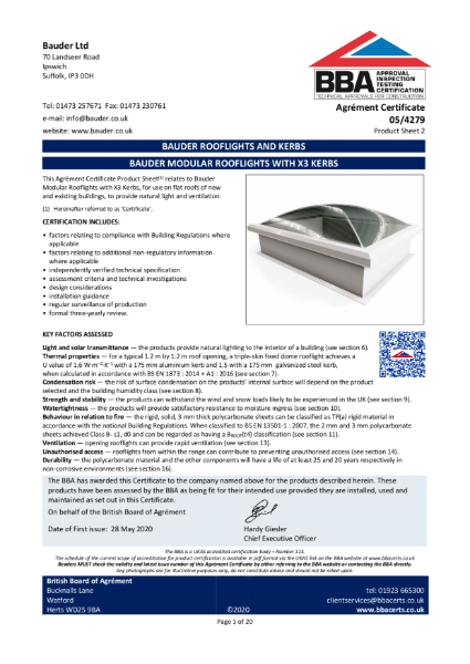 Certificate: Bauder Modular Rooflights With X3 Kerbs 05/4279