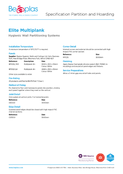 Beplas Multiplank PVC Partition System Specification