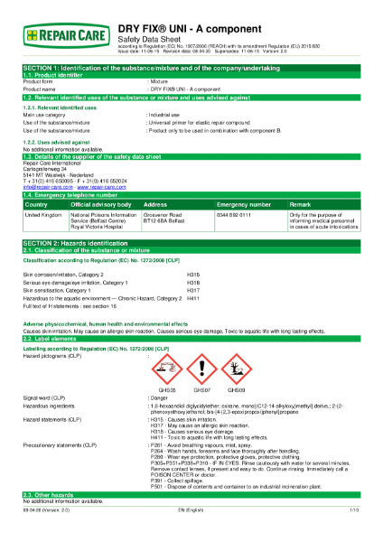 Dry FiX Universal Component A Data Sheet