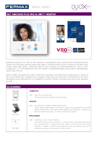 Veo XL Handsfree - Duox 2 Wire - 7'' Video monitor Data Sheet