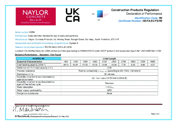 Hi-Spec R6 Concrete Lintel Declaration of Performance