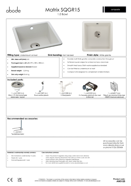 AW3125 (White Granite. 1.0 Bowl, No Drainer) - Consumer Specification