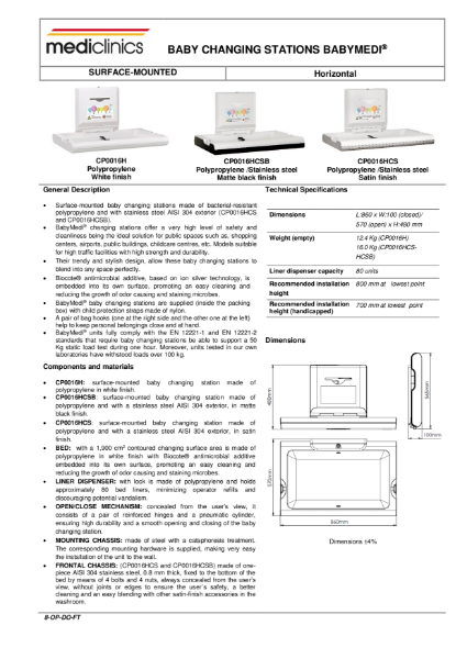 Baby Changing Table / Station Spec Sheet - Mediclinics Babymedi Horizontal Surface Mounted Baby Changing Unit CP0016H