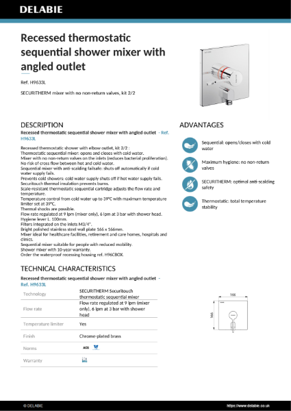 SECURITHERM Recessed Shower Mixer Data Sheet - H9633L