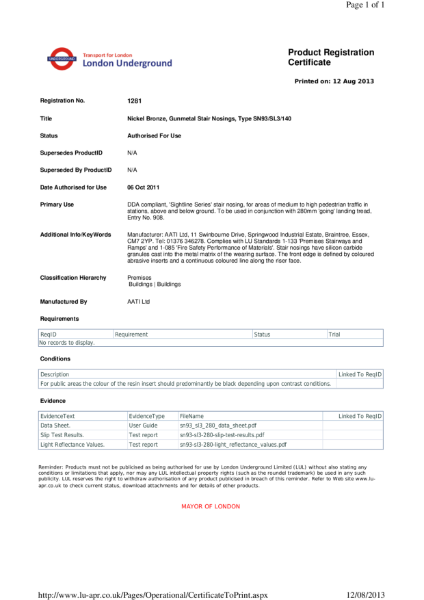 AATi certificate for product ref: SN93/SL3/140