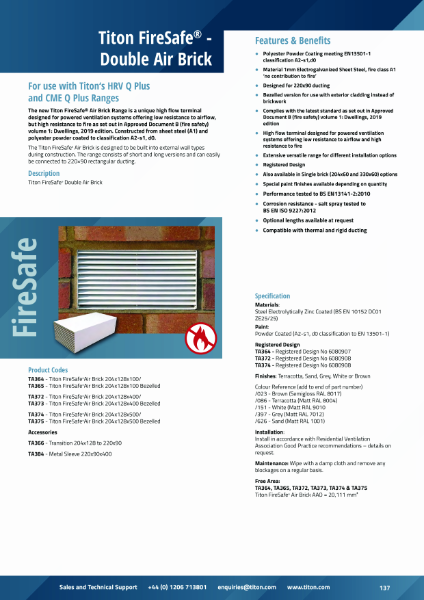 Titon FireSafe® Double Air Brick - Product Data Sheet