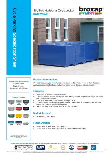 Sheffield Horizontal Cycle Locker Specification Sheets