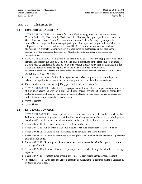 French - 08 11 16.01 Portes battantes et cadres en aluminium