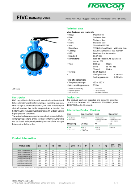 FlowCon IVC PN25 Lever Operated Fully Lugged Butterfly Valve