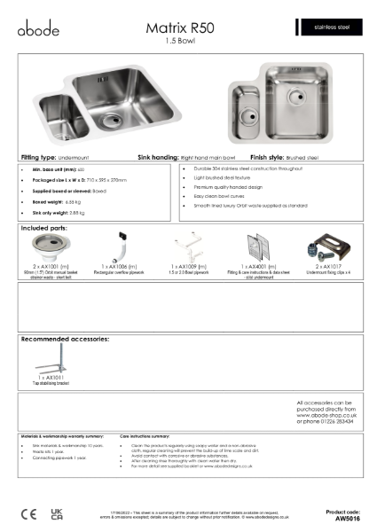 Matrix R50. Stainless Steel Sink, One and a Half Bowl (RH Main) - Consumer Spec