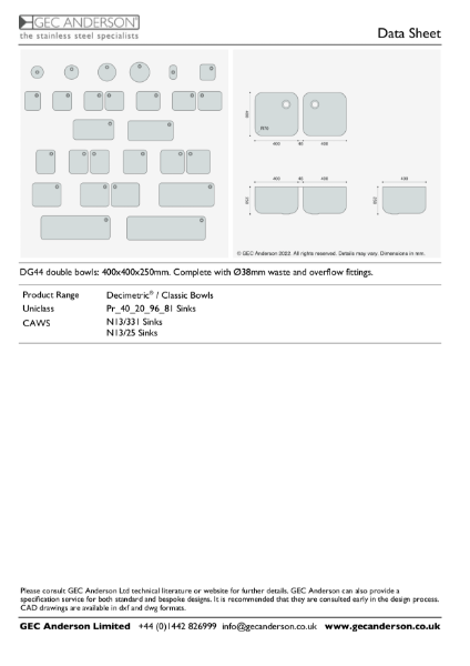 GEC Anderson Data Sheet - DG44 Double Bowls