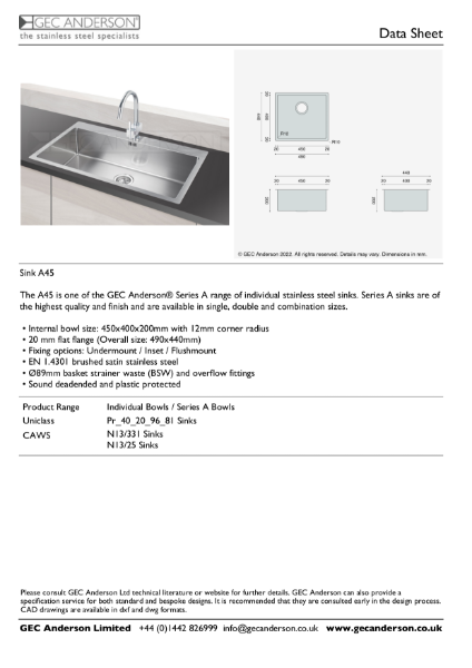 GEC Anderson Data Sheet - Series A sink: A45