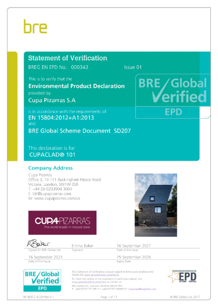 BRE Global Verified (EPD) – CUPACLAD 101