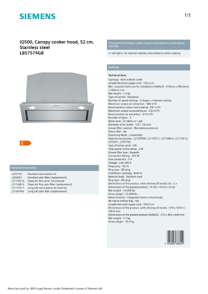 iQ500, Canopy cooker hood, 52 cm, Stainless steel LB57574GB