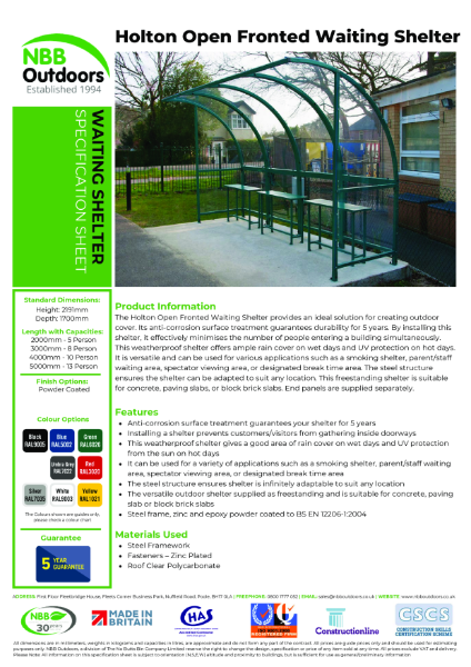 Holton Open Fronted Shelter – Product Data Sheet