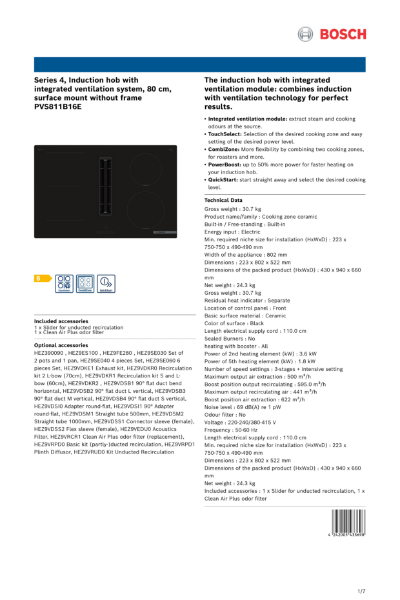 Series 4, Induction hob with
integrated ventilation system, 80 cm,
surface mount without frame
PVS811B16E