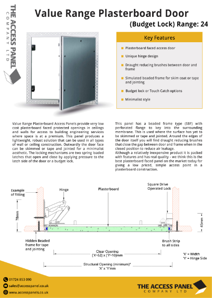 Value Range Plasterboard Door with Budget Lock Data Sheet