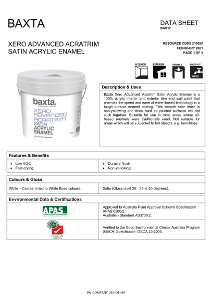 BAX 17 Xero Acratrim satin acrylic enamel TDS