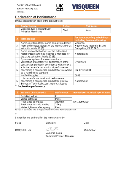 Tanking UKCA Visqueen TorchOn Tanking Membrane Declaration of Performance