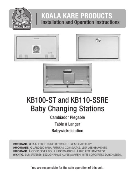 KOALA KARE PRODUCTS Installation and Operation Instructions - KB100-ST and KB110-SSRE Baby Changing Stations