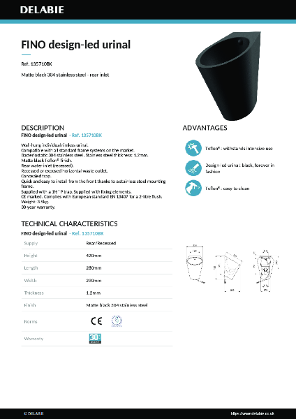 FINO wall-hung black urinal 135710BK data sheet