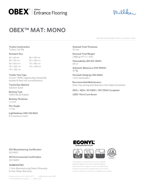 Technical Specification - OBEX Entrance Flooring - Mat - Mono