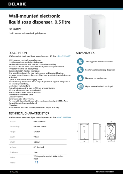 Electronic Soap Dispenser - White, 0.5 Litre Product Data Sheet
