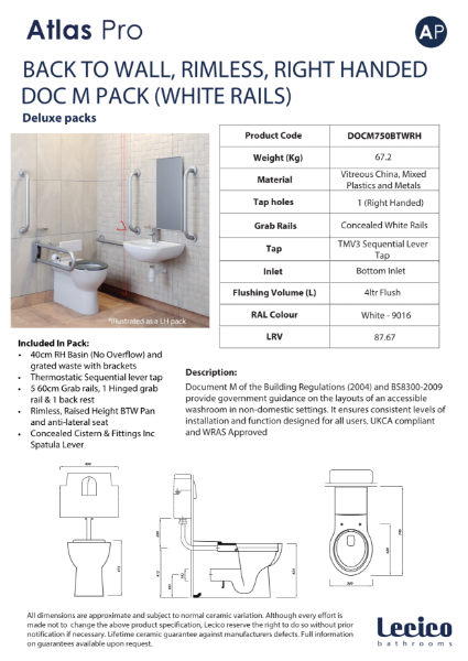 Atlas Pro Rimless DeLuxe Back to Wall DocM Pack Right Hand 40cm Basin White Rails Data Sheet