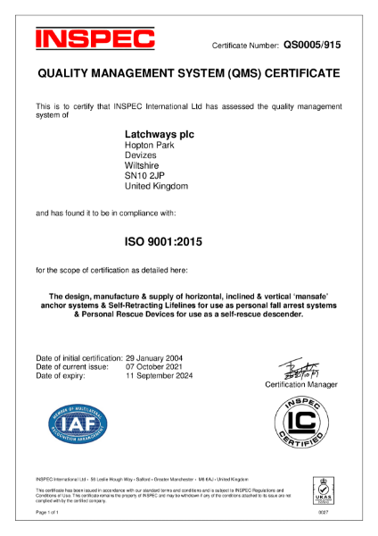 Latchways ISO 9001 - 2015