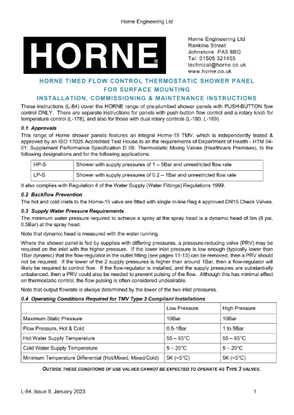 Instructions - Horne H15-TFC  Thermostatic T4/T9 Shower Panels