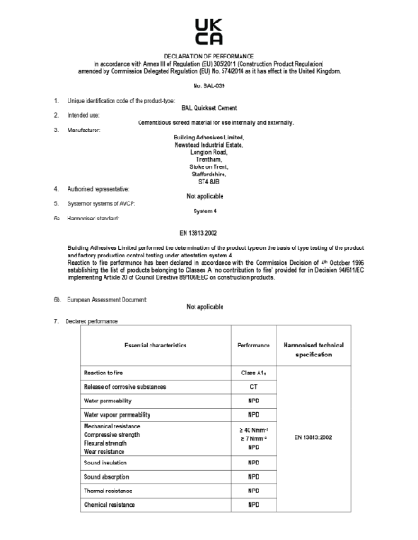 DECLARATION OF PERFORMANCE - BAL Quickset Cement
