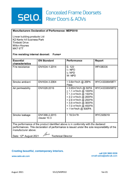 Fuma AOV Declaration of Performance for Fire, Smoke & Air Permeability