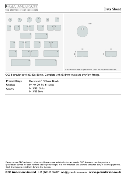 GEC Anderson Data Sheet - CG3.8 Circular Bowl