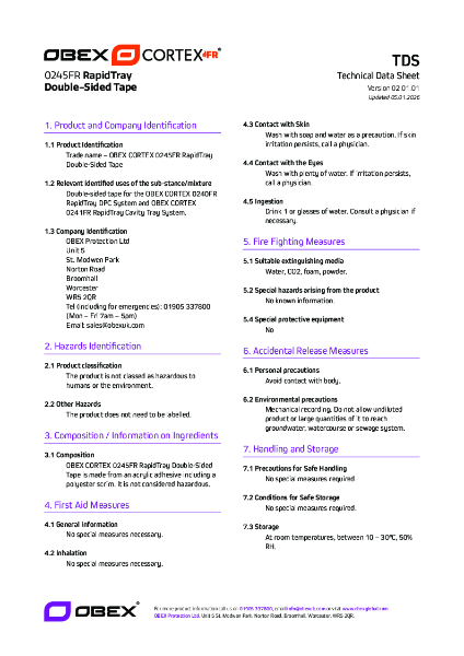 OBEX CORTEX 0245FR RapidTray Double-Sided Tape_SDS