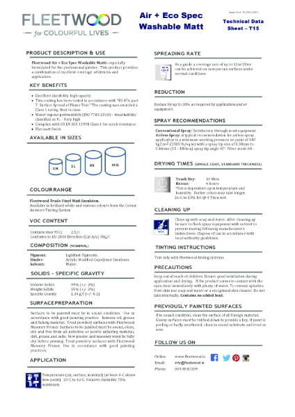 Fleetwood Air + Eco Spec Washable Matt Technical Data
Sheet