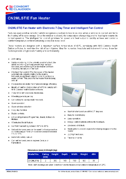 CN2MLSTiE wall mounted fan heater data sheet