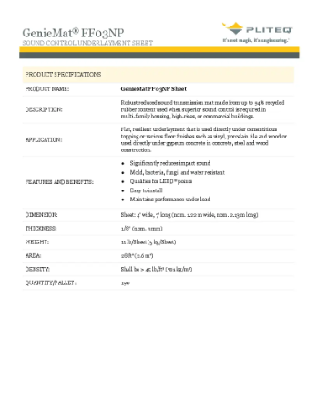 PLITEQ - GENIEMAT FF03NP-SHEET-48x84 - Technical Data Sheet