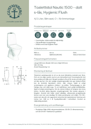 Toalettstol Nautic 1500 - dolt s-lås, Hygienic Flush Produktblad