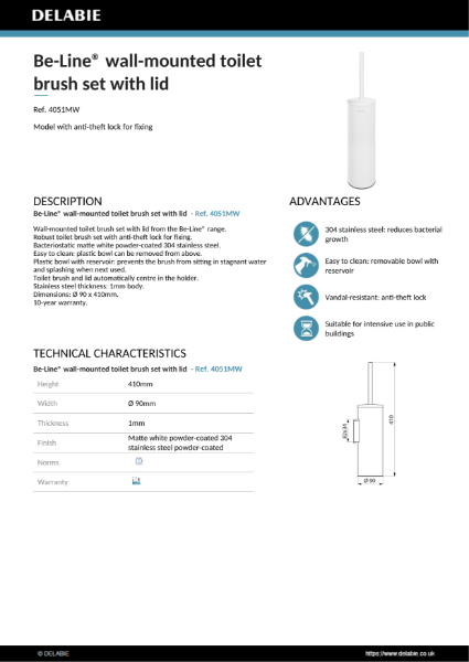 Matte white wall-mounted toilet brush set
with lid Data Sheet - 4051MW