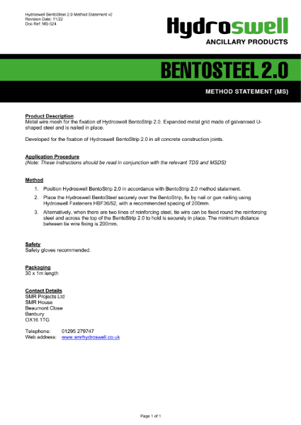 Hydroswell BentoSteel 2.0 Method Statement