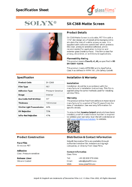 SX-C368 Matte Screen Window Film - Product Data Sheet