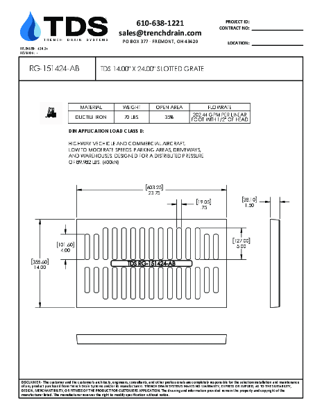 TDS 14.00" x 24.00" Slotted Ductile Iron Grate Class D -  RG-151424-AB