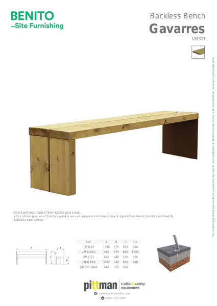 Benito Gavarres Park Bench Data Sheet