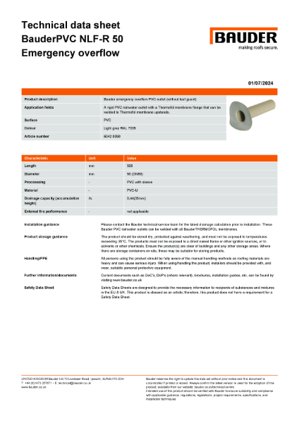 BauderPVC NLF-R 50 emergency overflow - Technical Data Sheet