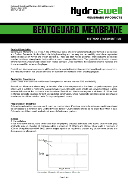 Hydroswell BentoGuard Membrane Method Statement