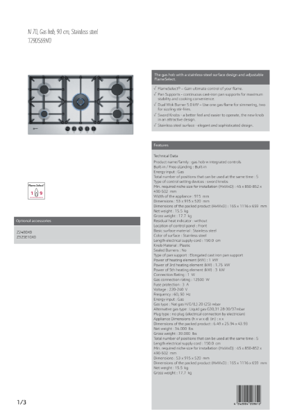 Stainless steel gas hobs T29DS69N0, Datasheet
