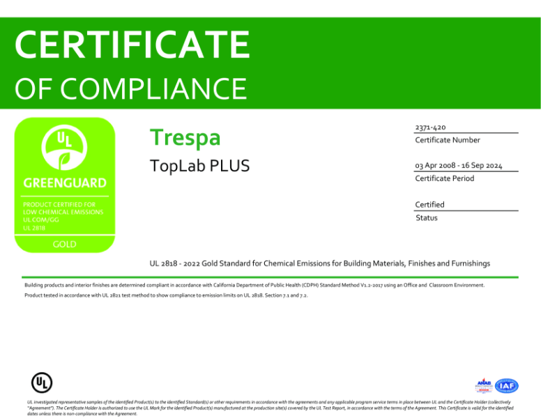 Greenguard Gold certificate Trespa® TopLab® PLUS