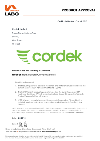 Cordek LABC Warranty Certificate - Heaveguard